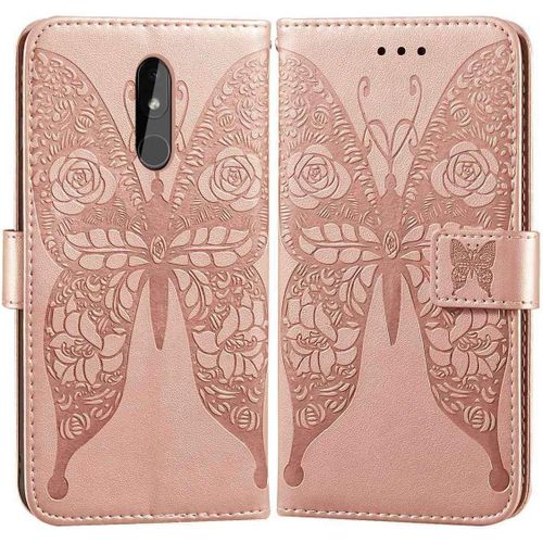 Etui En Pu Cuir Portefeuille Coque Pour Nokia 3.2 Smartphone Magnétique Flip Housse Et Fentes Cartes Stent Fonction Papillon Gaufrage-Or Rose