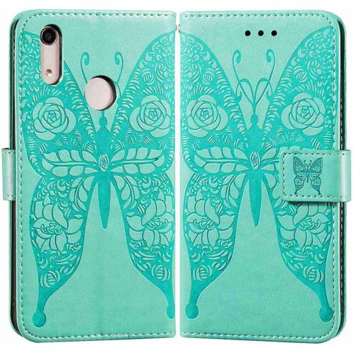 Etui En Pu Cuir Portefeuille Coque Pour Honor 8a/Huawei Y6 2019/Huawei Y6 Pro 2019 Smartphone Magnétique Flip Housse Et Fentes Cartes Stent Fonction Papillon Gaufrage-Verte