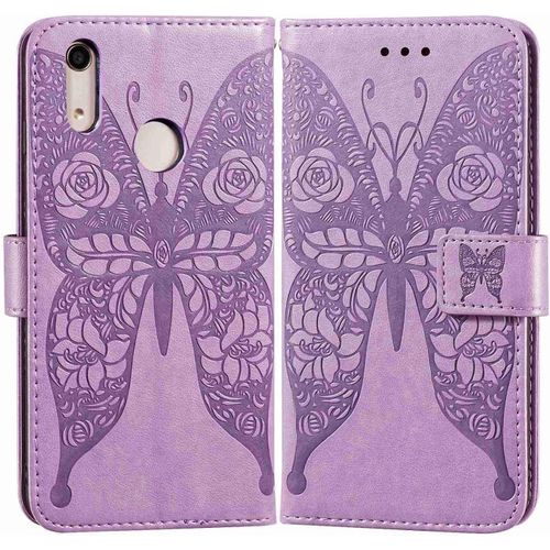 Etui En Pu Cuir Portefeuille Coque Pour Honor 8a/Huawei Y6 2019/Huawei Y6 Pro 2019 Smartphone Magnétique Flip Housse Et Fentes Cartes Stent Fonction Papillon Gaufrage-Pourpre