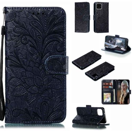 Portefeuille Coque Pour Google Pixel 4 Smartphone Magnétique Pu Cuir Etui Rabat Avec Fente Pour Carte Et Dragonne Dentelle Fleur Motif-Bleu Foncé