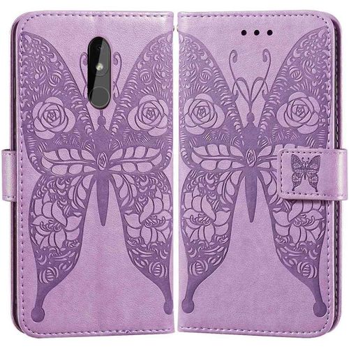 Etui En Pu Cuir Portefeuille Coque Pour Nokia 3.2 Smartphone Magnétique Flip Housse Et Fentes Cartes Stent Fonction Papillon Gaufrage-Pourpre