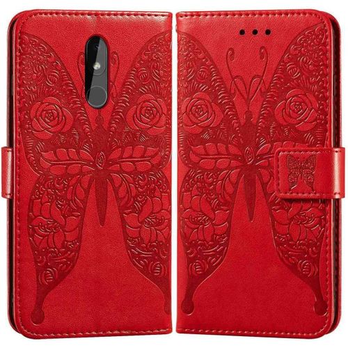 Etui En Pu Cuir Portefeuille Coque Pour Nokia 3.2 Smartphone Magnétique Flip Housse Et Fentes Cartes Stent Fonction Papillon Gaufrage-Rouge