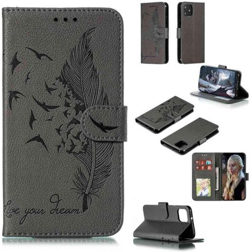 Portefeuille Coque Pour Google Pixel 4 Smartphone Magnétique Pu Cuir Etui Rabat Avec Fente Pour Carte Book Housse Plume Embossée Motif-Gris