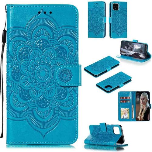 Portefeuille Coque Pour Google Pixel 4 Smartphone Magnétique Pu Cuir Etui Rabat Avec Fente Pour Carte Et Dragonne Mandala Fleur Motif - Bleu