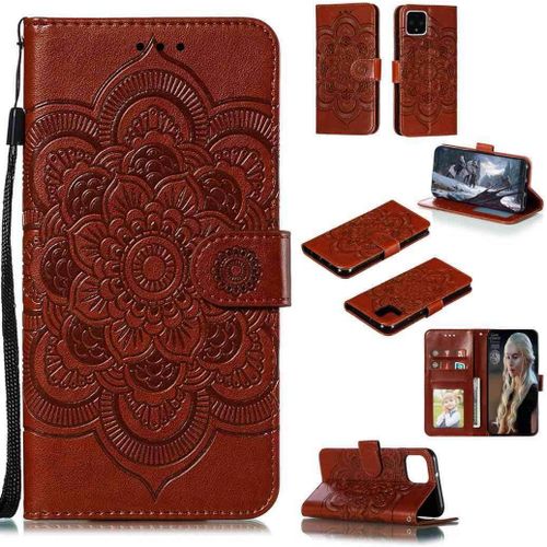 Portefeuille Coque Pour Google Pixel 4 Smartphone Magnétique Pu Cuir Etui Rabat Avec Fente Pour Carte Et Dragonne Mandala Fleur Motif - Marron
