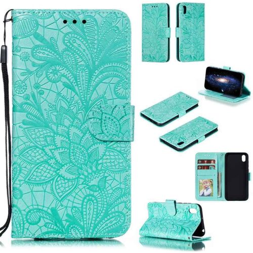 Portefeuille Coque Pour Huawei Y5 2019 / Honor 8s Smartphone Magnétique Pu Cuir Etui Rabat Avec Fente Pour Carte Et Dragonne Dentelle Fleur Motif - Vert