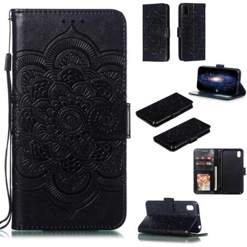 Portefeuille Coque Pour Huawei Y5 2019 / Honor 8s Smartphone Magnétique Pu Cuir Etui Rabat Avec Fente Pour Carte Et Dragonne Mandala Fleur Motif - Noir