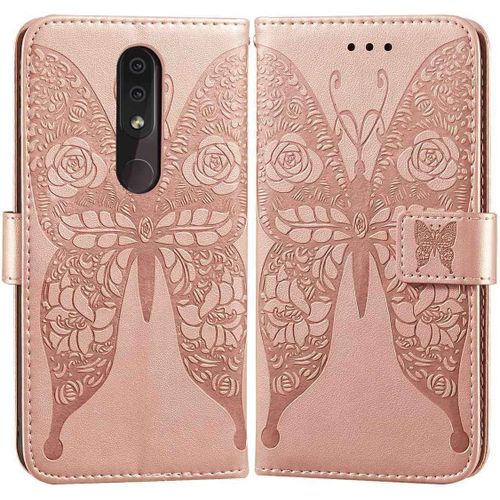 Etui En Pu Cuir Portefeuille Coque Pour Nokia 4.2 Smartphone Magnétique Flip Housse Et Fentes Cartes Stent Fonction Papillon Gaufrage-Or Rose