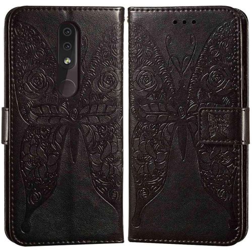 Etui En Pu Cuir Portefeuille Coque Pour Nokia 4.2 Smartphone Magnétique Flip Housse Et Fentes Cartes Stent Fonction Papillon Gaufrage-Noir