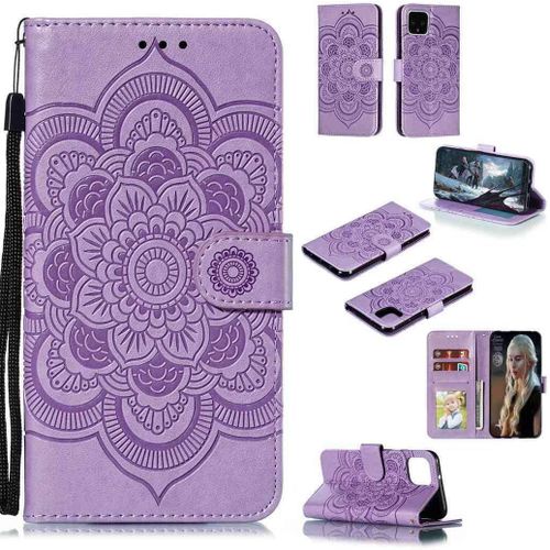 Portefeuille Coque Pour Google Pixel 4 Smartphone Magnétique Pu Cuir Etui Rabat Avec Fente Pour Carte Et Dragonne Mandala Fleur Motif - Pourpre