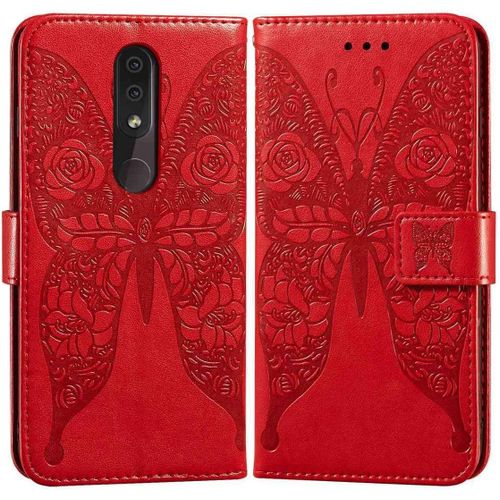 Etui En Pu Cuir Portefeuille Coque Pour Nokia 4.2 Smartphone Magnétique Flip Housse Et Fentes Cartes Stent Fonction Papillon Gaufrage-Rouge
