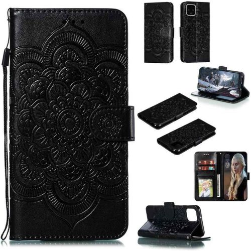 Portefeuille Coque Pour Google Pixel 4 Smartphone Magnétique Pu Cuir Etui Rabat Avec Fente Pour Carte Et Dragonne Mandala Fleur Motif - Noir