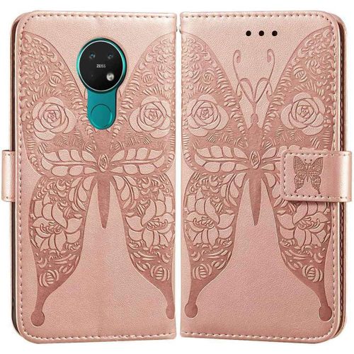 Etui En Pu Cuir Portefeuille Coque Pour Nokia 7.2 Smartphone Magnétique Flip Housse Et Fentes Cartes Stent Fonction Papillon Gaufrage-Or Rose