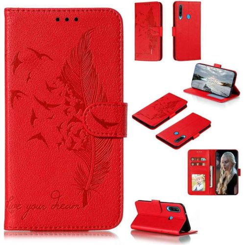 Portefeuille Coque Pour Huawei Y6p Smartphone Magnétique Pu Cuir Etui Rabat Avec Fente Pour Carte Book Housse Plume Embossée Motif-Rouge