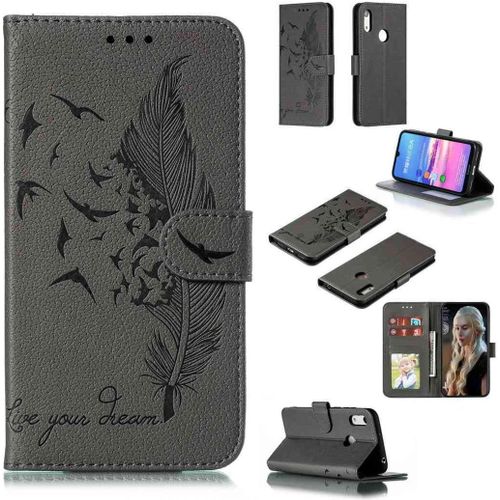 Portefeuille Coque Pour Huawei Y6 Pro 2019/Honor 8a Smartphone Magnétique Pu Cuir Etui Rabat Avec Fente Pour Carte Book Housse Plume Embossée Motif-Gris