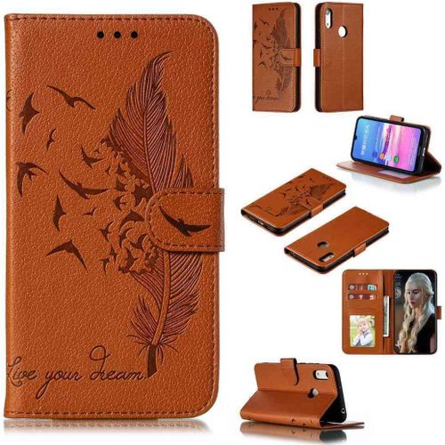 Portefeuille Coque Pour Huawei Y6 Pro 2019/Honor 8a Smartphone Magnétique Pu Cuir Etui Rabat Avec Fente Pour Carte Book Housse Plume Embossée Motif-Marron