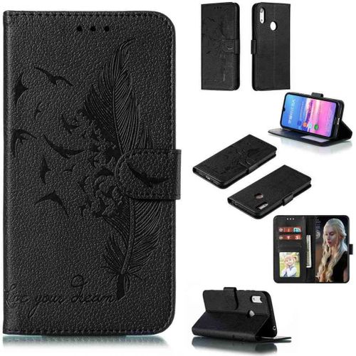 Portefeuille Coque Pour Huawei Y6 Pro 2019/Honor 8a Smartphone Magnétique Pu Cuir Etui Rabat Avec Fente Pour Carte Book Housse Plume Embossée Motif-Noir