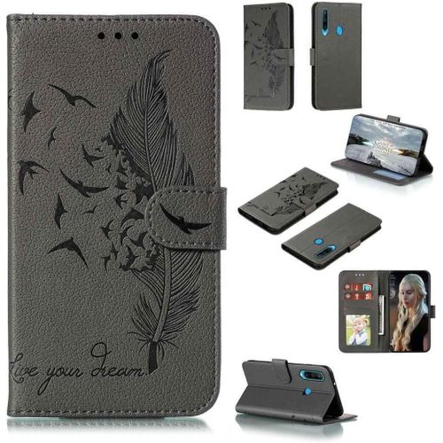 Portefeuille Coque Pour Huawei Y6p Smartphone Magnétique Pu Cuir Etui Rabat Avec Fente Pour Carte Book Housse Plume Embossée Motif-Gris