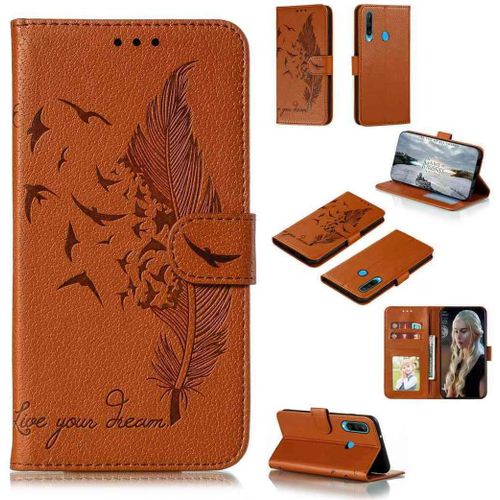 Portefeuille Coque Pour Huawei Y6p Smartphone Magnétique Pu Cuir Etui Rabat Avec Fente Pour Carte Book Housse Plume Embossée Motif-Marron