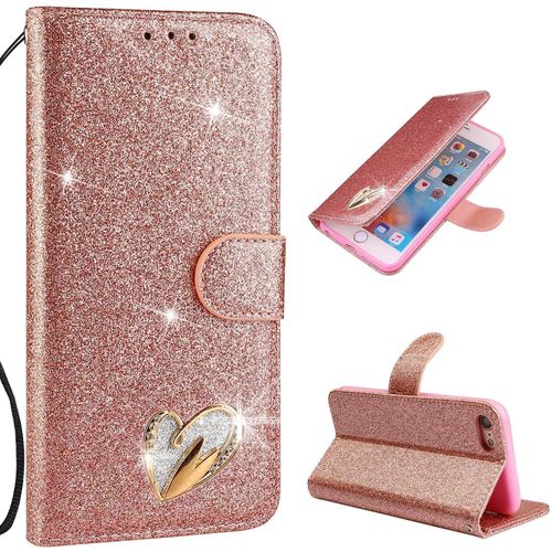 Coque Pour Iphone 6 Iphone 6s Coque Case Étui Pu Portefeuille Housse Luxe Bling Paillette Glitter Brillante Rabat Magnétique Flip Cover Porte Carte Antichoc Etui Pour Iphone 6 6sor Rose