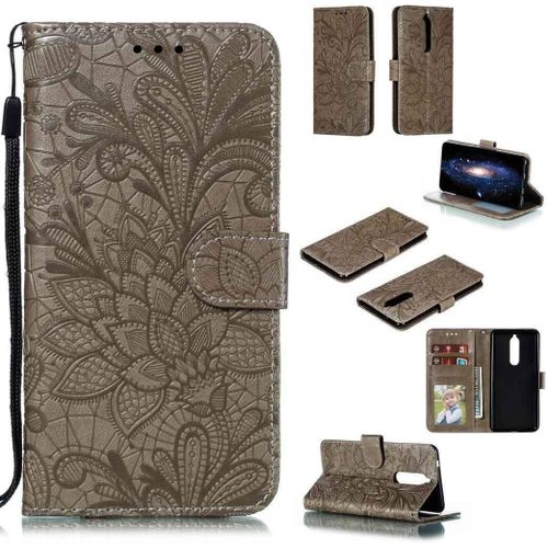 Portefeuille Coque Pour Nokia 5.1 2018 Smartphone Magnétique Pu Cuir Etui Rabat Avec Fente Pour Carte Et Dragonne Dentelle Fleur Motif - Gris