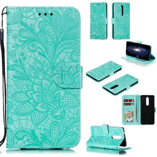 Portefeuille Coque Pour Nokia 5.1 2018 Smartphone Magnétique Pu Cuir Etui Rabat Avec Fente Pour Carte Et Dragonne Dentelle Fleur Motif - Vert