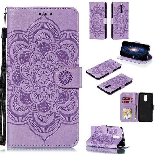 Portefeuille Coque Pour Nokia 3.2 Smartphone Magnétique Pu Cuir Etui Rabat Avec Fente Pour Carte Et Dragonne Mandala Fleur Motif - Pourpre