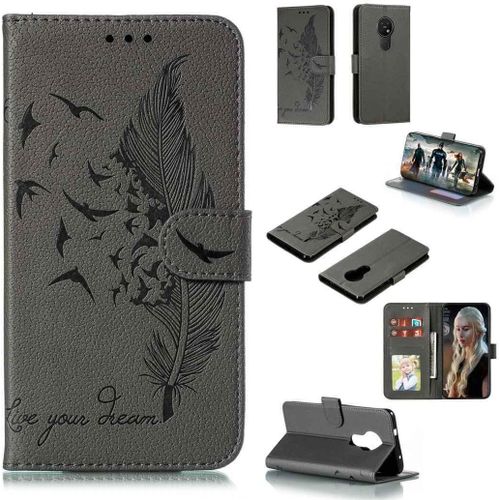 Portefeuille Coque Pour Nokia 7.2/Nokia 6.2 Smartphone Magnétique Pu Cuir Etui Rabat Avec Fente Pour Carte Book Housse Plume Embossée Motif-Gris