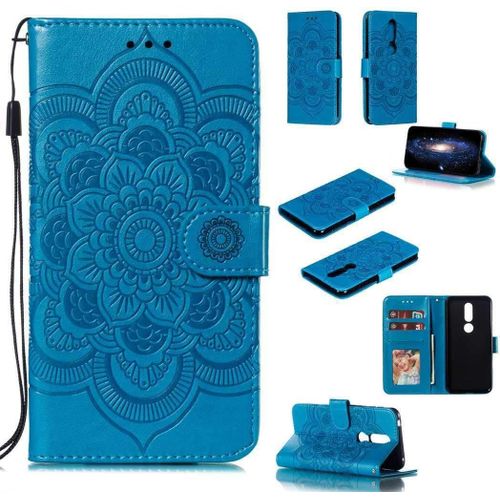 Portefeuille Coque Pour Nokia 7.1 Smartphone Magnétique Pu Cuir Etui Rabat Avec Fente Pour Carte Et Dragonne Mandala Fleur Motif - Bleu