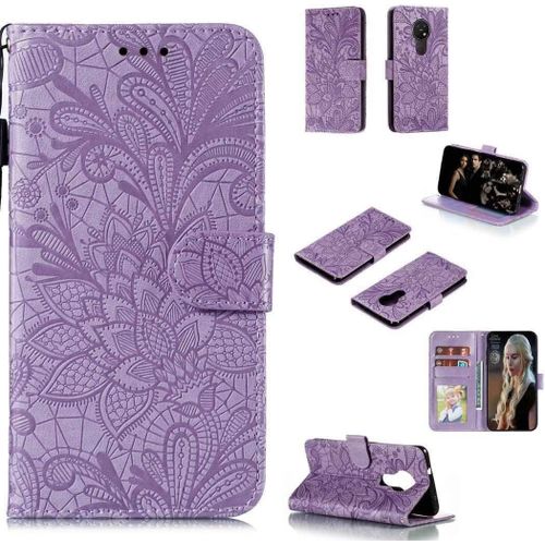 Portefeuille Coque Pour Nokia 7.2/Nokia 6.2 Smartphone Magnétique Pu Cuir Etui Rabat Avec Fente Pour Carte Et Dragonne Dentelle Fleur Motif-Pourpre