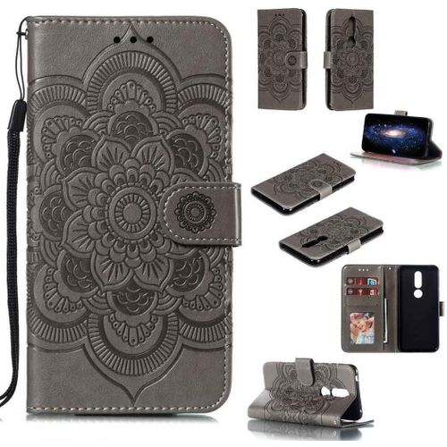 Portefeuille Coque Pour Nokia 7.1 Smartphone Magnétique Pu Cuir Etui Rabat Avec Fente Pour Carte Et Dragonne Mandala Fleur Motif - Gris