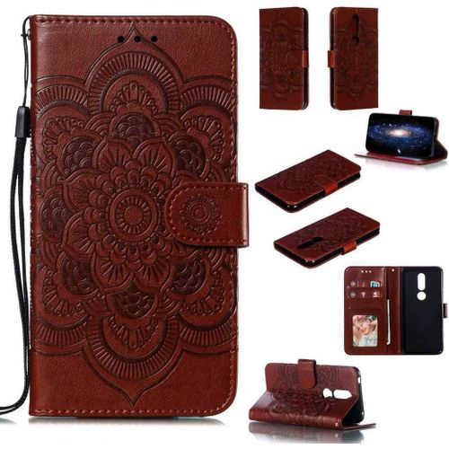 Portefeuille Coque Pour Nokia 7.1 Smartphone Magnétique Pu Cuir Etui Rabat Avec Fente Pour Carte Et Dragonne Mandala Fleur Motif - Marron