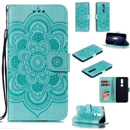Portefeuille Coque Pour Nokia 7.1 Smartphone Magnétique Pu Cuir Etui Rabat Avec Fente Pour Carte Et Dragonne Mandala Fleur Motif - Vert