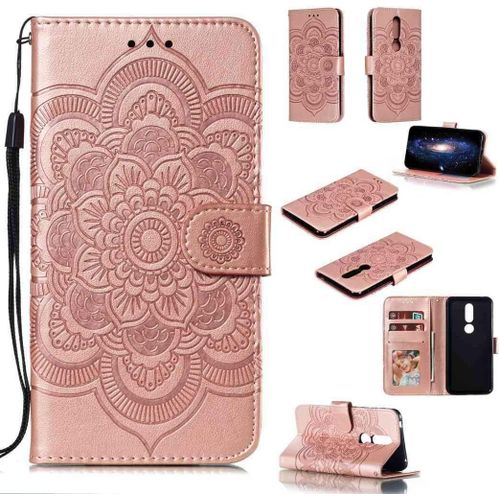 Portefeuille Coque Pour Nokia 7.1 Smartphone Magnétique Pu Cuir Etui Rabat Avec Fente Pour Carte Et Dragonne Mandala Fleur Motif - Or Rose