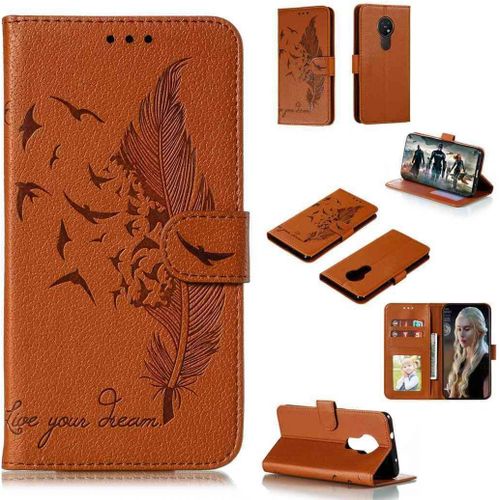 Portefeuille Coque Pour Nokia 7.2/Nokia 6.2 Smartphone Magnétique Pu Cuir Etui Rabat Avec Fente Pour Carte Book Housse Plume Embossée Motif-Marron