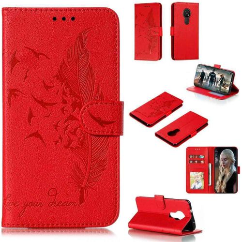 Portefeuille Coque Pour Nokia 7.2/Nokia 6.2 Smartphone Magnétique Pu Cuir Etui Rabat Avec Fente Pour Carte Book Housse Plume Embossée Motif-Rouge
