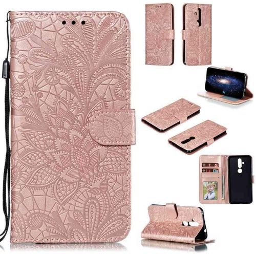 Portefeuille Coque Pour Nokia 8.1 Plus Smartphone Magnétique Pu Cuir Etui Rabat Avec Fente Pour Carte Et Dragonne Dentelle Fleur Motif - Or Rose