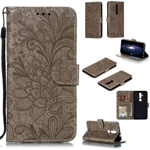 Portefeuille Coque Pour Nokia 8.1 Plus Smartphone Magnétique Pu Cuir Etui Rabat Avec Fente Pour Carte Et Dragonne Dentelle Fleur Motif-Gris