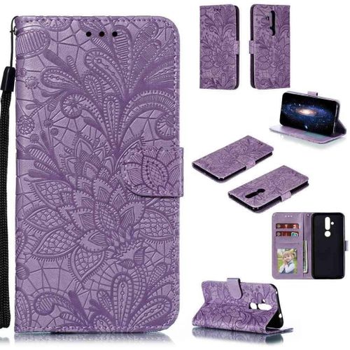 Portefeuille Coque Pour Nokia 8.1 Plus Smartphone Magnétique Pu Cuir Etui Rabat Avec Fente Pour Carte Et Dragonne Dentelle Fleur Motif-Pourpre
