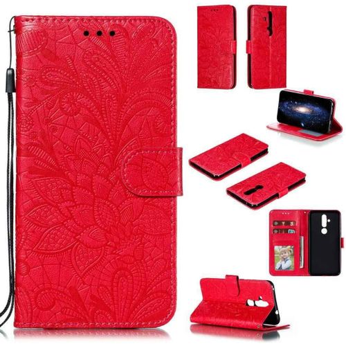 Portefeuille Coque Pour Nokia 8.1 Plus Smartphone Magnétique Pu Cuir Etui Rabat Avec Fente Pour Carte Et Dragonne Dentelle Fleur Motif - Rouge