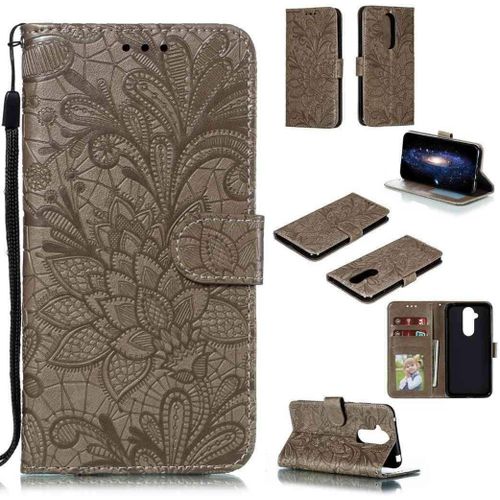 Portefeuille Coque Pour Nokia 8.1 Smartphone Magnétique Pu Cuir Etui Rabat Avec Fente Pour Carte Et Dragonne Dentelle Fleur Motif - Gris