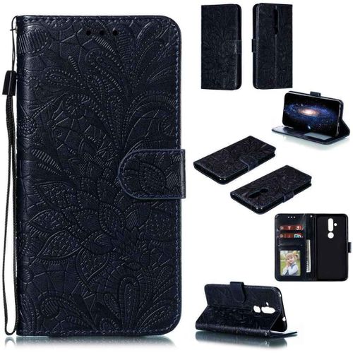 Portefeuille Coque Pour Nokia 8.1 Plus Smartphone Magnétique Pu Cuir Etui Rabat Avec Fente Pour Carte Et Dragonne Dentelle Fleur Motif-Bleu Foncé