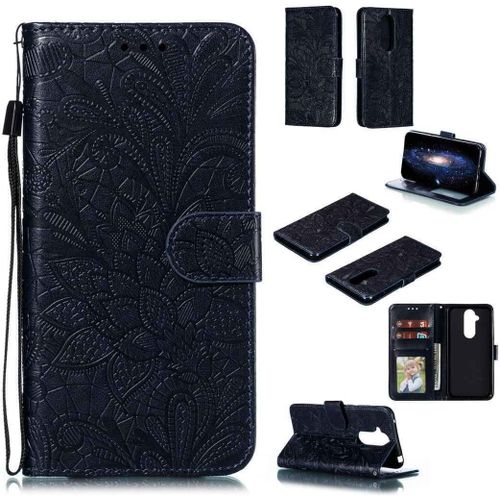Portefeuille Coque Pour Nokia 8.1 Smartphone Magnétique Pu Cuir Etui Rabat Avec Fente Pour Carte Et Dragonne Dentelle Fleur Motif-Bleu Foncé