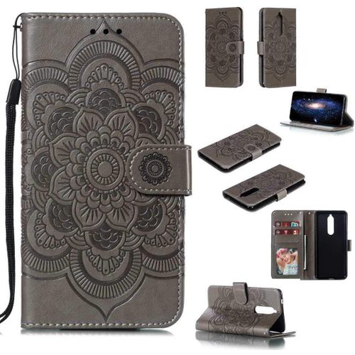 Portefeuille Coque Pour Nokia 5.1 2018 Smartphone Magnétique Pu Cuir Etui Rabat Avec Fente Pour Carte Et Dragonne Mandala Fleur Motif - Gris