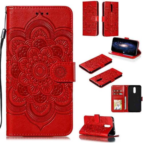 Portefeuille Coque Pour Nokia 3.2 Smartphone Magnétique Pu Cuir Etui Rabat Avec Fente Pour Carte Et Dragonne Mandala Fleur Motif - Rouge
