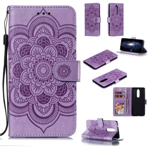 Portefeuille Coque Pour Nokia 5.1 2018 Smartphone Magnétique Pu Cuir Etui Rabat Avec Fente Pour Carte Et Dragonne Mandala Fleur Motif - Pourpre