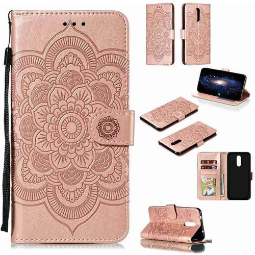 Portefeuille Coque Pour Nokia 3.2 Smartphone Magnétique Pu Cuir Etui Rabat Avec Fente Pour Carte Et Dragonne Mandala Fleur Motif - Or Rose