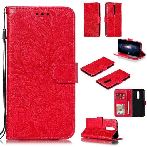 Portefeuille Coque Pour Nokia 5.1 2018 Smartphone Magnétique Pu Cuir Etui Rabat Avec Fente Pour Carte Et Dragonne Dentelle Fleur Motif-Rouge