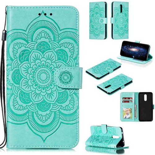 Portefeuille Coque Pour Nokia 3.2 Smartphone Magnétique Pu Cuir Etui Rabat Avec Fente Pour Carte Et Dragonne Mandala Fleur Motif - Vert
