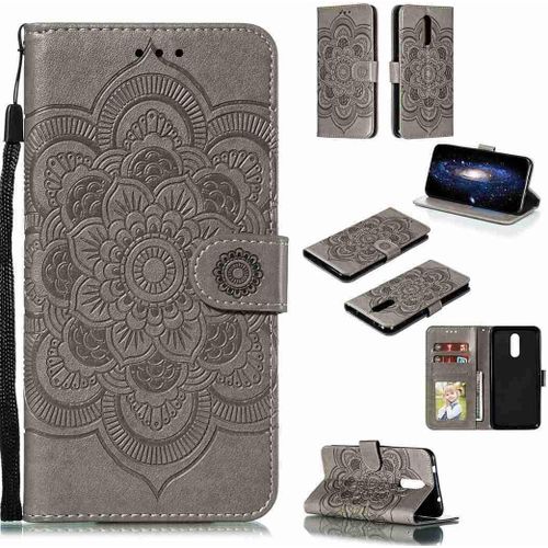 Portefeuille Coque Pour Nokia 3.2 Smartphone Magnétique Pu Cuir Etui Rabat Avec Fente Pour Carte Et Dragonne Mandala Fleur Motif - Gris
